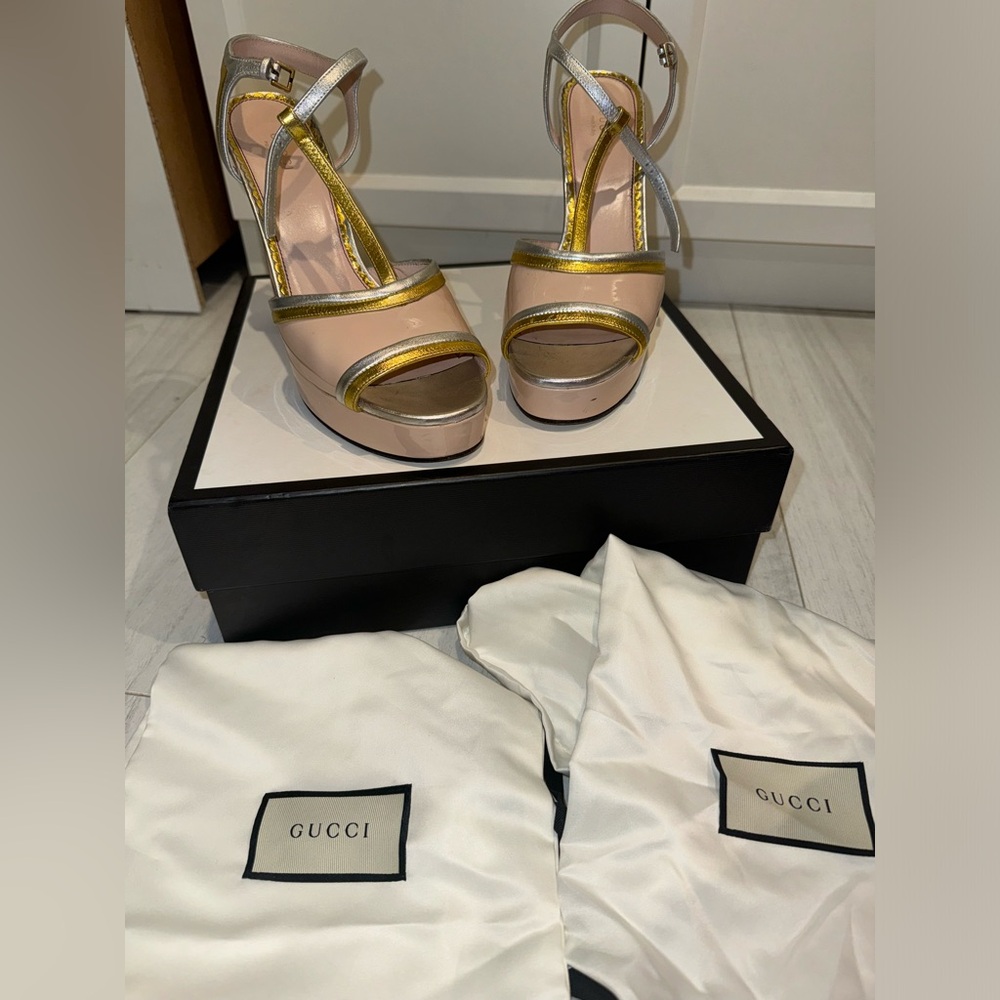 Gucci platforms. Light pink with silver and gold detailing.